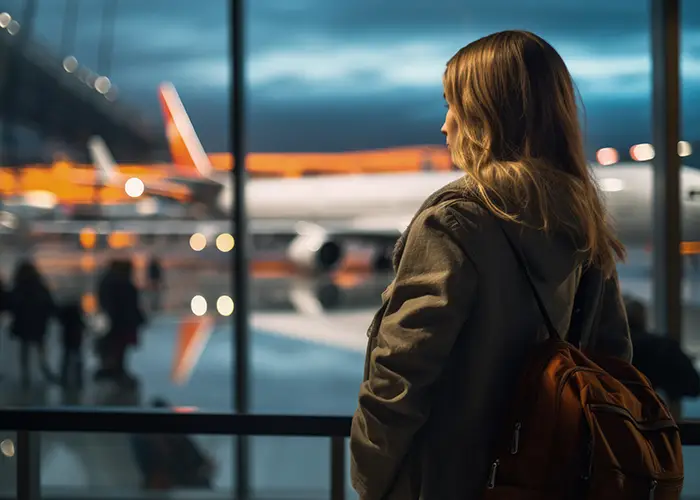 a traveler lady with backpack looking out at airplanes on tarmac from airport terminal at dusk