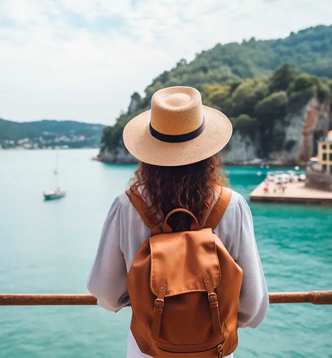 a lady traveler with a hat and backpack overlooking a coastal scene.