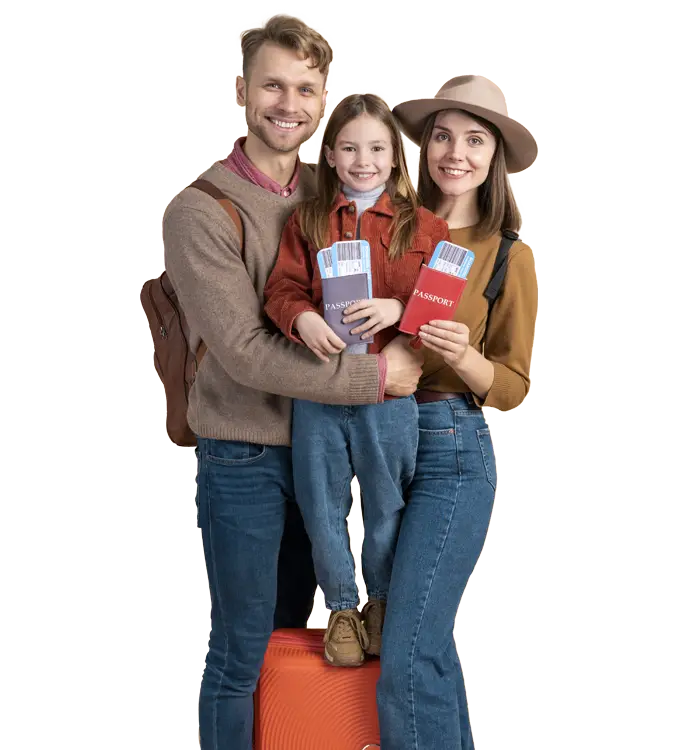 Three people holding passports stand with a suitcase, ready for travel
