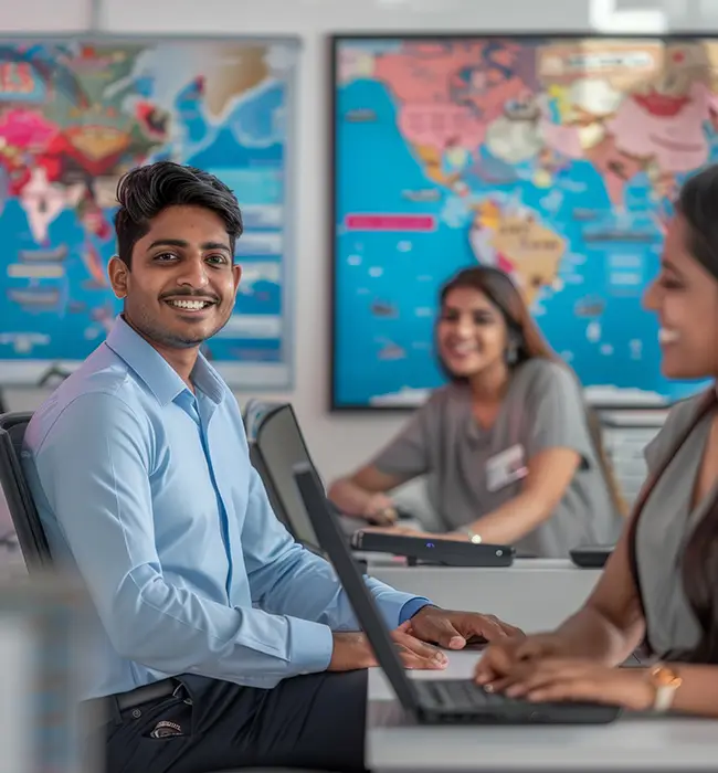 travel agency setting with individuals working on laptops in front of world maps