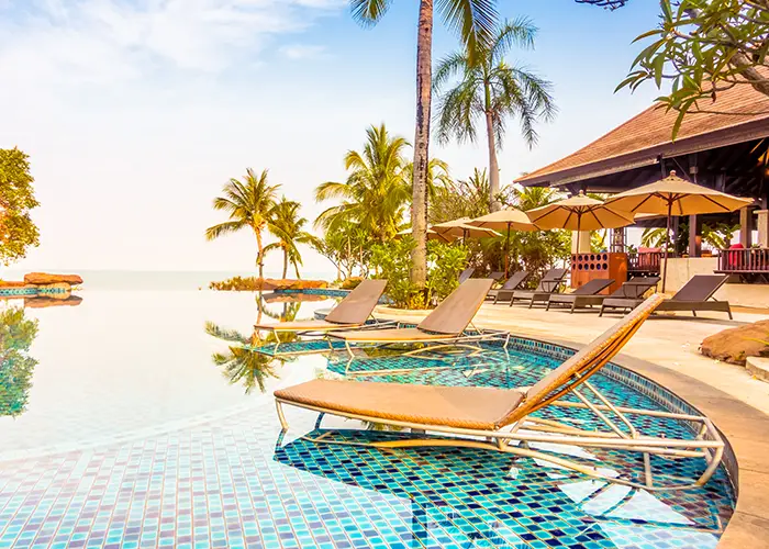 A sunny resort pool with lounge chairs, palm trees, and an ocean view.