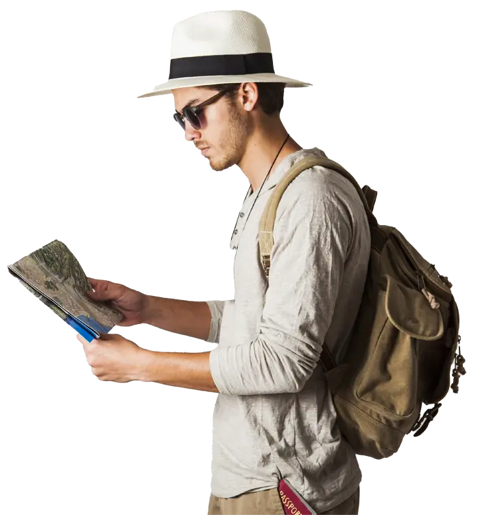 a traveler with a fedora hat, backpack, and map on a black background