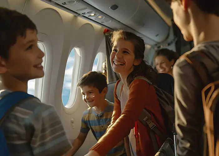 Passengers with backpacks standing inside an airplane cabin next to window seats