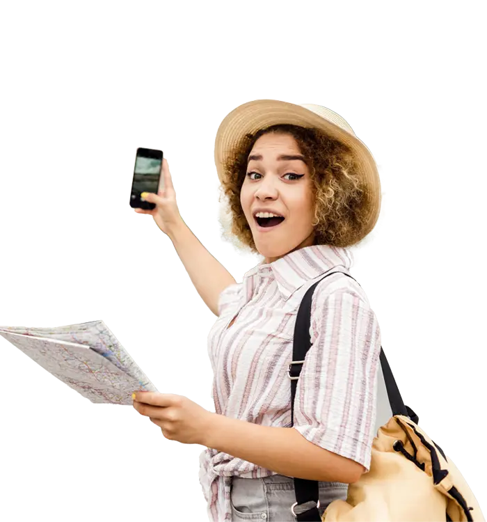 a lady traveler with a straw hat holding a smartphone and a map, wearing a backpack, on a black background
