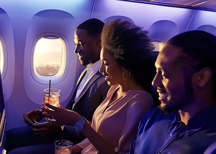 Three passengers sitting in a flight with cabin lights dimmed, one holding a beverage.