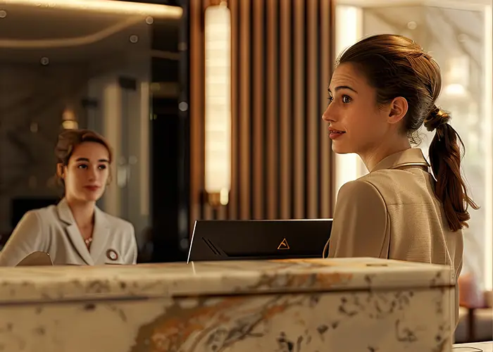 Two individuals at a hotel reception, one facing a computer, elegant interior.