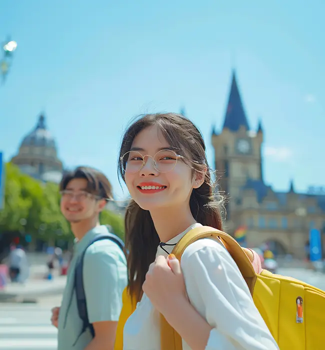 Two travelers with backpacks walking in front of a historic building on a sunny day.