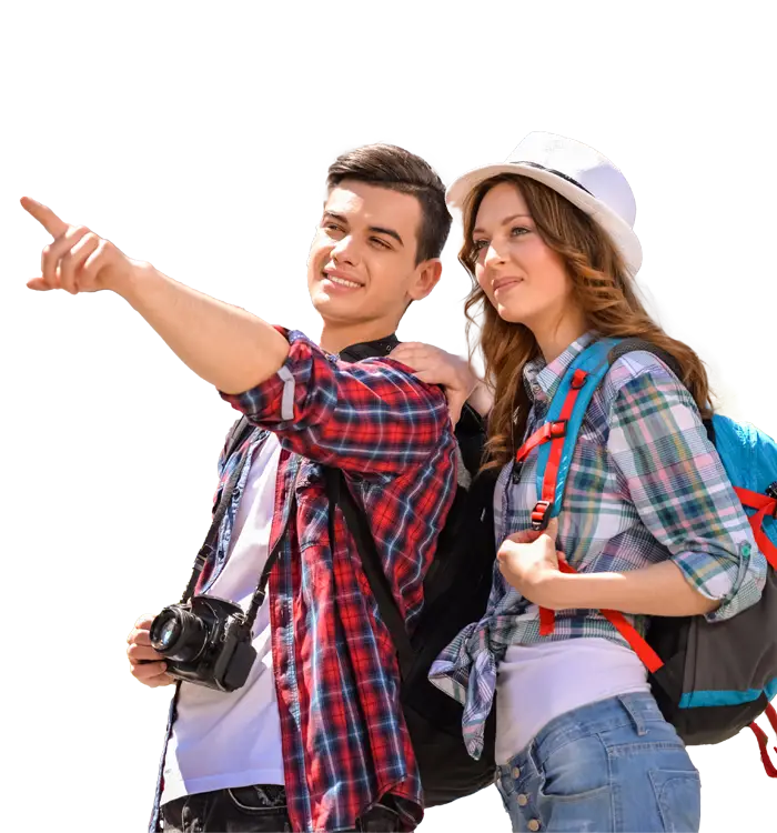 Two travelers with backpacks and a camera, one pointing away.