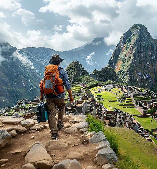 A traveler with a backpack overlooking Machu Picchu from a high vantage point.