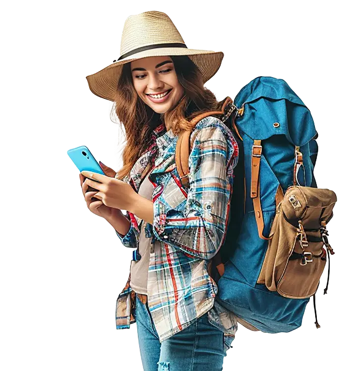 a lady Traveler with a straw hat, backpack, and smartphone.