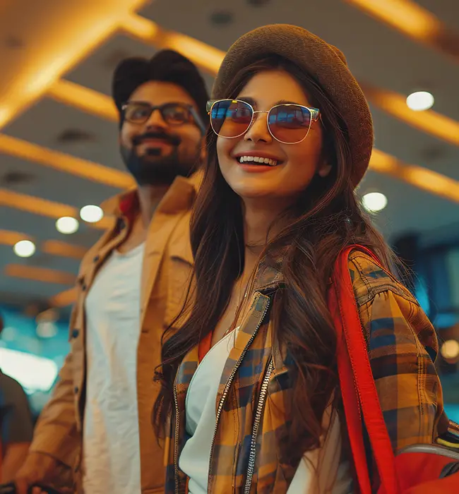 Two people in stylish outfits standing in a warmly lit indoor setting