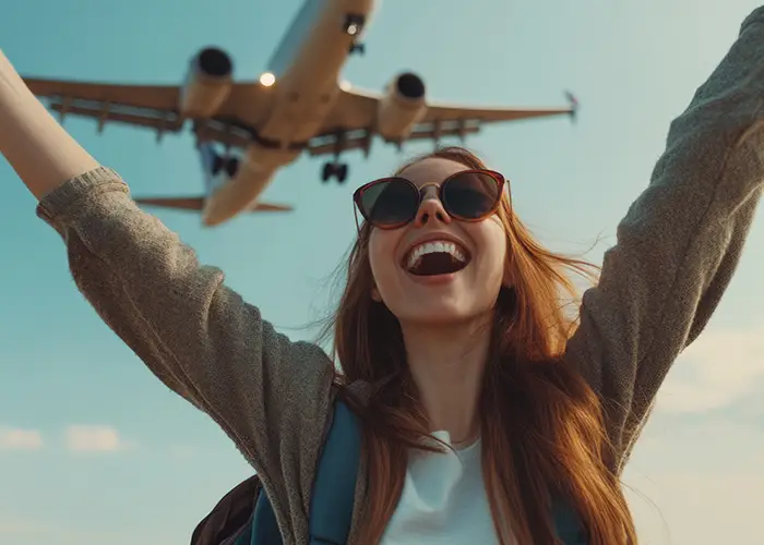 a lady traveler with raised arms and an airplane flying overhead against a blue sky.