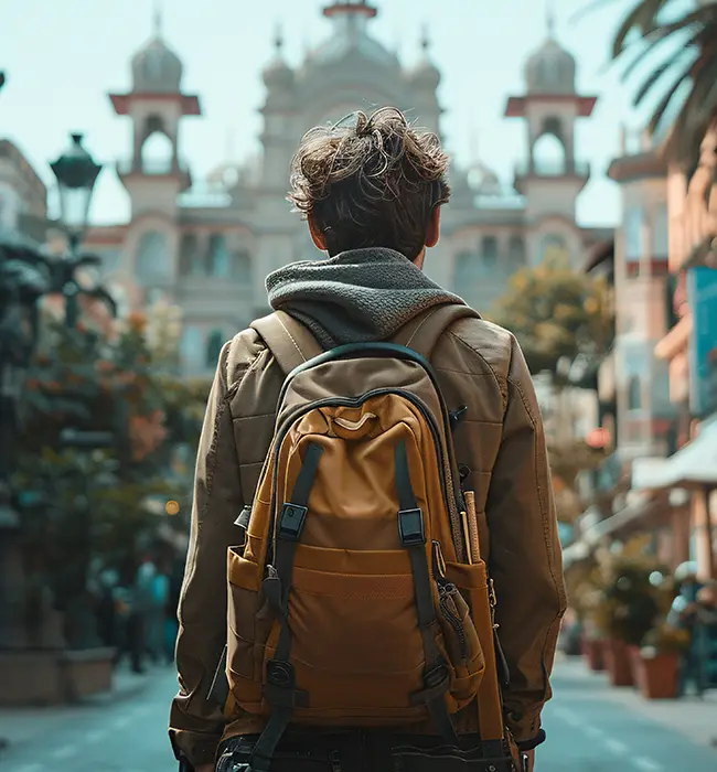 a traveler with backpack facing ornate building.
