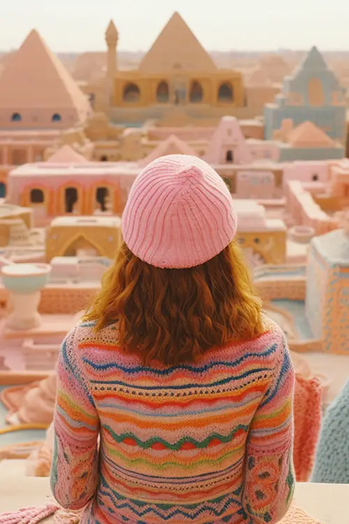 a lady traveler in a pink beanie and colorful sweater looking at a terracotta-hued cityscape.