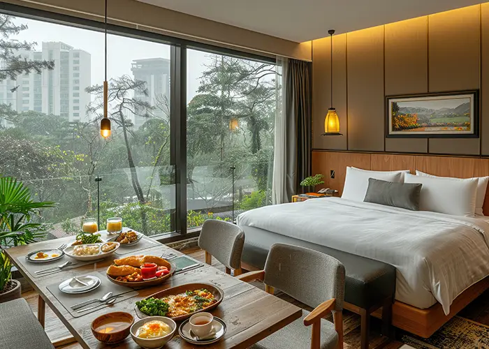 A cozy hotel room with a bed and dining area by a large window overlooking green trees.