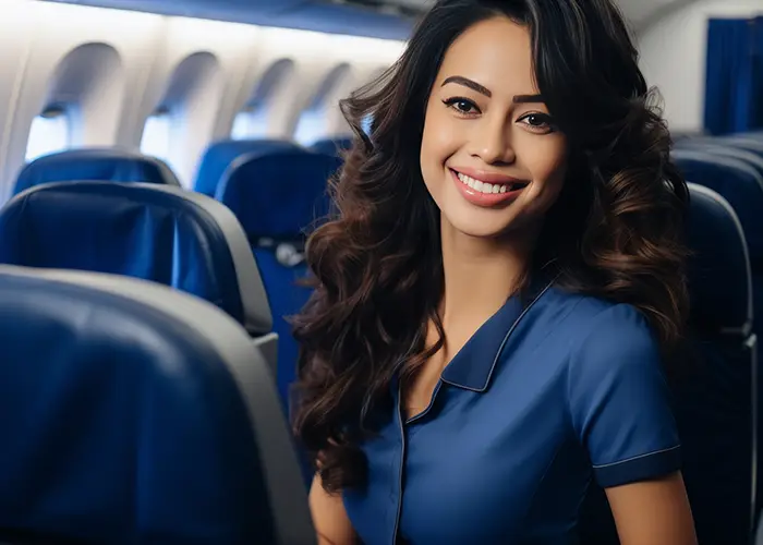 Woman in blue uniform inside an airplane cabin with rows of blue seats