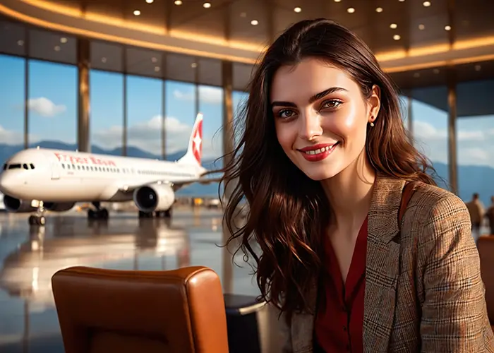 A lady in a blazer at an airport lounge with a view of an airplane outside the window.