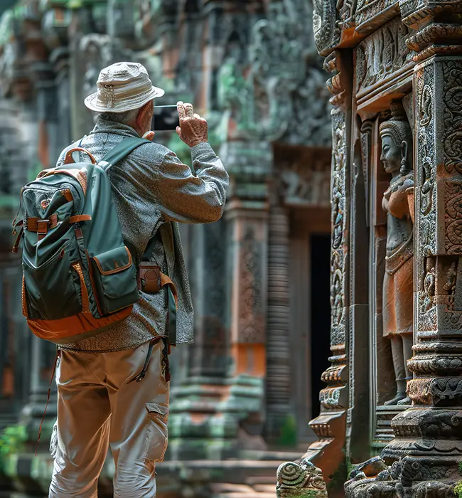 Tourist photographing ancient temple carvings with smartphone.