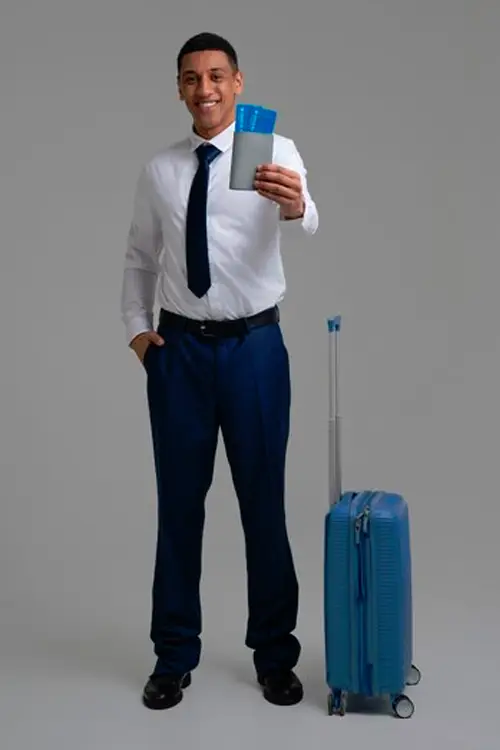 a traveller with passport, flight ticket and trolley bag
