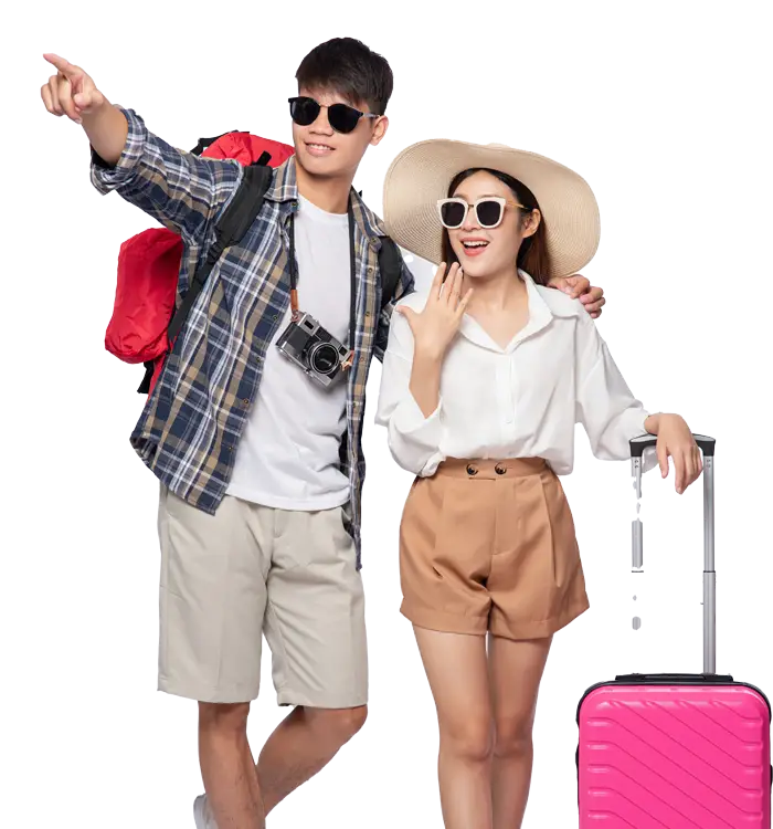 happy couple travellers with backbag, camera and trolley bag