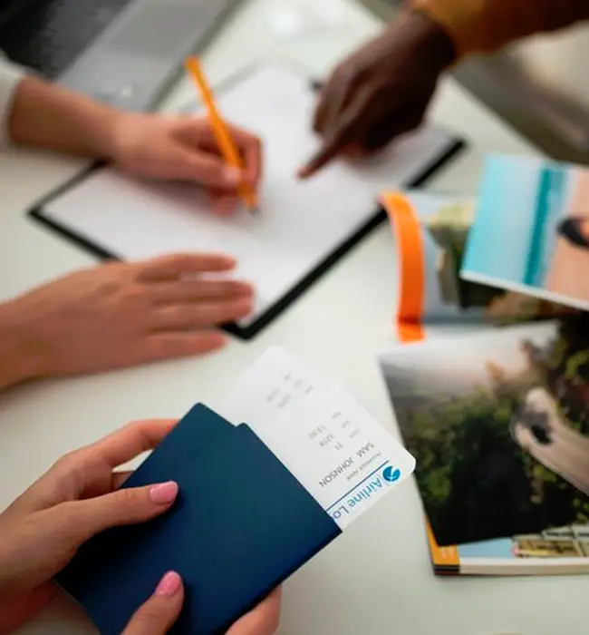 passport and flight ticket in hand and itinerary planningn and beautiful photos in the background