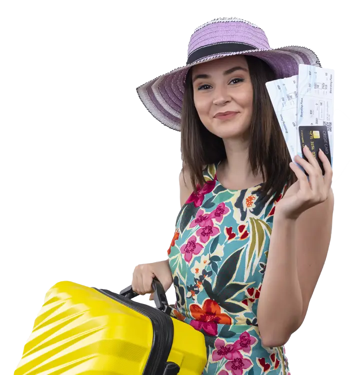 lady traveller in hat with trolley bag shows her boarding pass and forex card